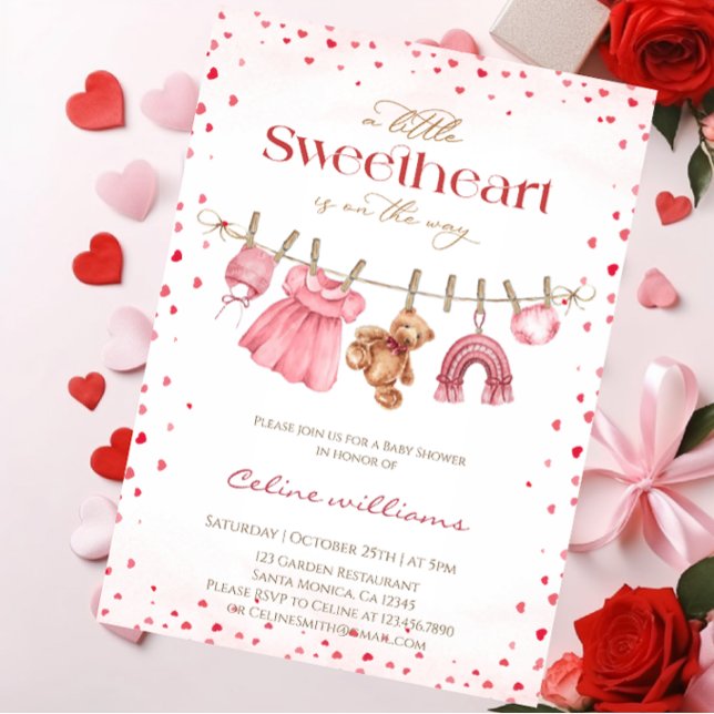 Sweetheart valentine's clothesline baby shower invitation (Creator Uploaded)