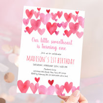 Sweetheart Watercolor Hearts First Birthday Invitation