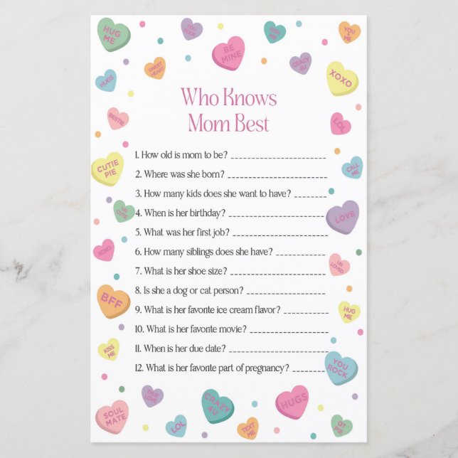 Sweetheart Who Knows Mom Best Baby Shower Game (Front)