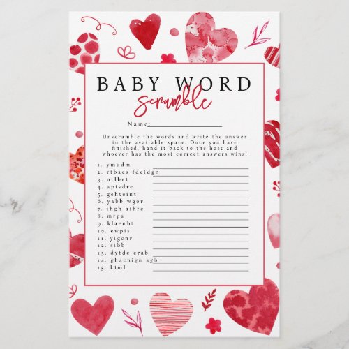 Sweetheart Word Scramble Baby Shower Game