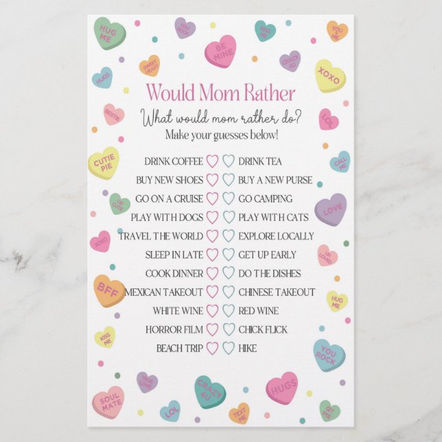 Sweetheart Would Mom Rather Baby Shower Game (Front)