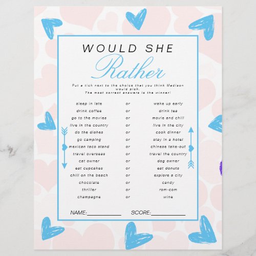 Sweetheart Would She Rather Baby Shower Game Flyer