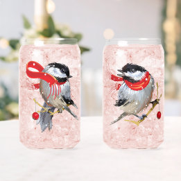 Sweethearts Couple Snowy Winter Chickadees Can Glass