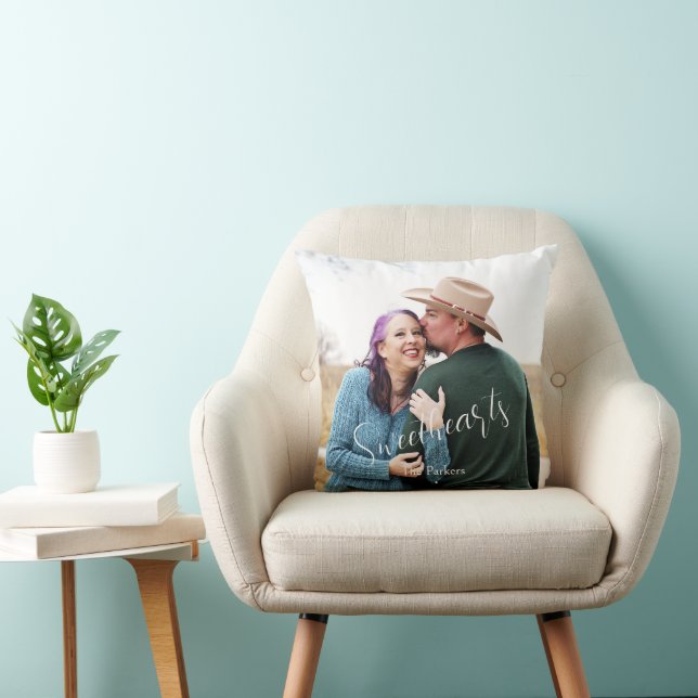 Sweethearts Love Elegant Script Photo Name Throw Pillow (Chair)