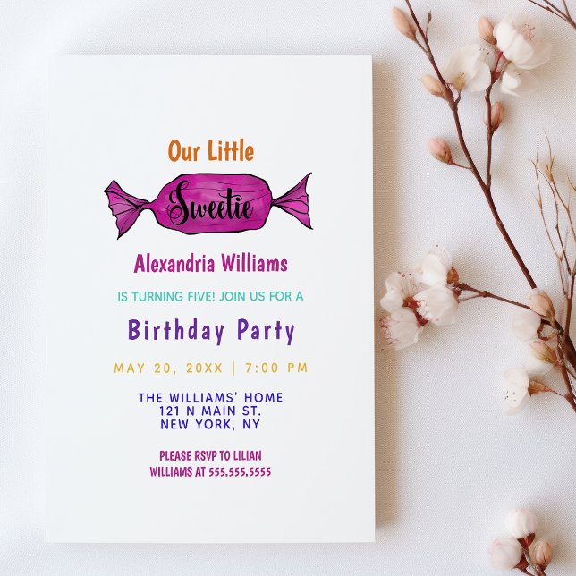 Sweetie Girly Colorful Candy Birthday Party Invitation Postcard (Sweetie Girly Colorful Candy Birthday Party)