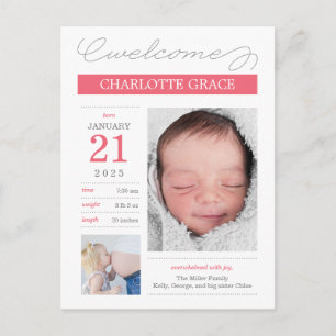 Sweetly Documented Custom Color Birth Announcement Postcard