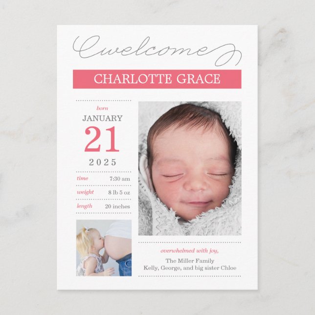 Sweetly Documented Custom Color Birth Announcement Postcard (Front)