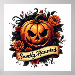 Sweetly Haunted Vintage Pumpkin   Floral Halloween Poster