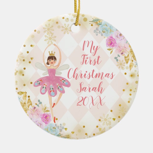 Sweets Ballerina Nutcracker 1st Christmas Ceramic Ornament (Front)