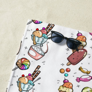 Sweets cartoon candy styled white colorful  beach towel