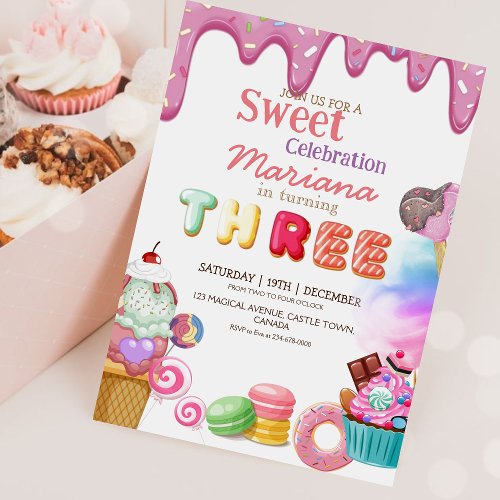 Sweets Celebration Ice Cream Cupcakes 3rd Birthday Invitation