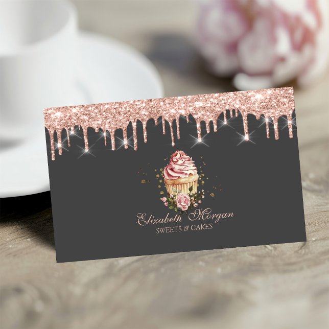  Sweets Cupcake Flowers Rose Gold Drips Bakery  Business Card (Creator Uploaded)