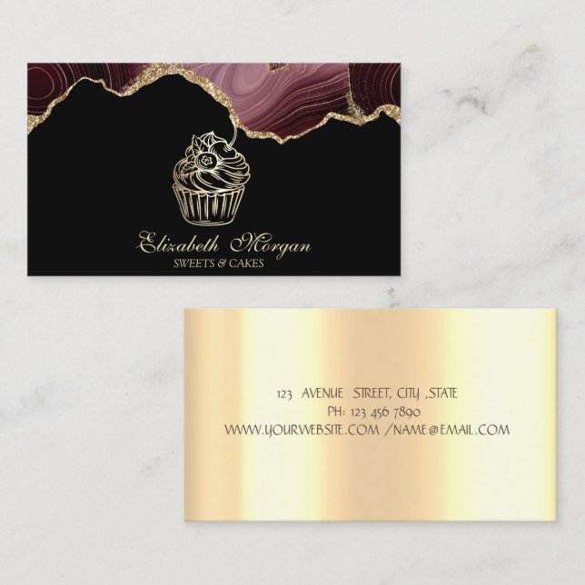 Sweets Cupcake Gold Drips Bakery Burgundy Agate Business Card (Front/Back)