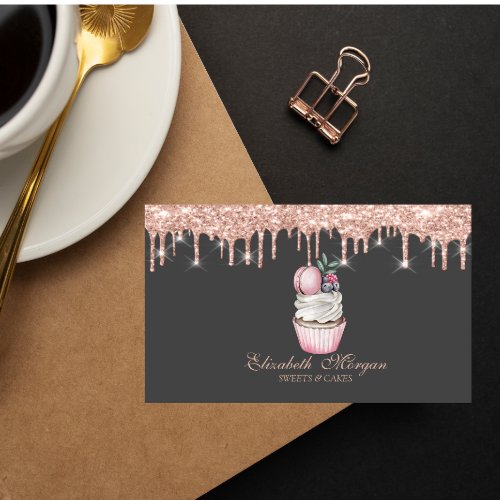  Sweets Cupcake Macaron Rose Gold Drips Bakery  Business Card