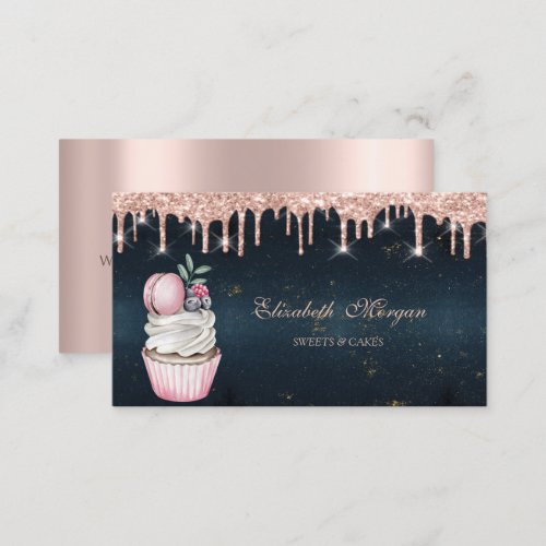  Sweets Cupcake Macaroon Rose Gold Drips Dark Blue Business Card