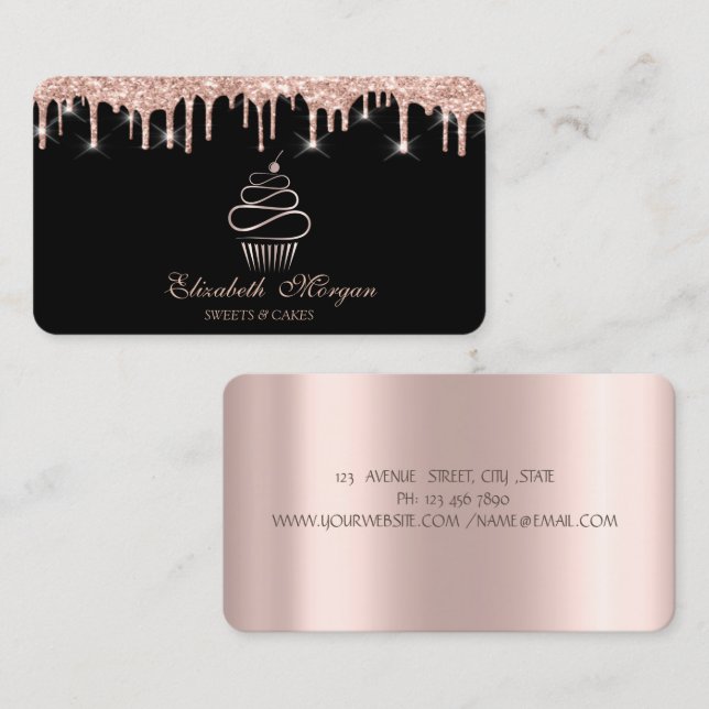 Sweets Cupcake Rose Gold Drips Black  Business Card (Front/Back)