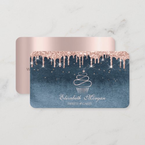 Sweets Cupcake Rose Gold Drips Diamonds Blue  Business Card
