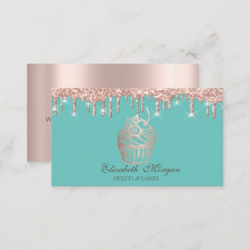 Sweets Cupcake Rose Gold Drips Mint Green Bakery  Business Card