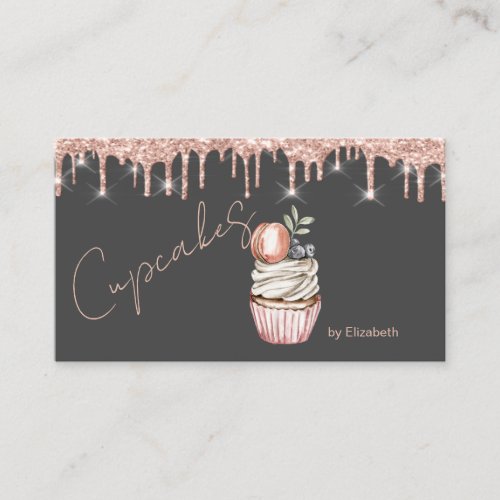  Sweets Cupcakes Macaron Rose Gold Drips Gray Business Card