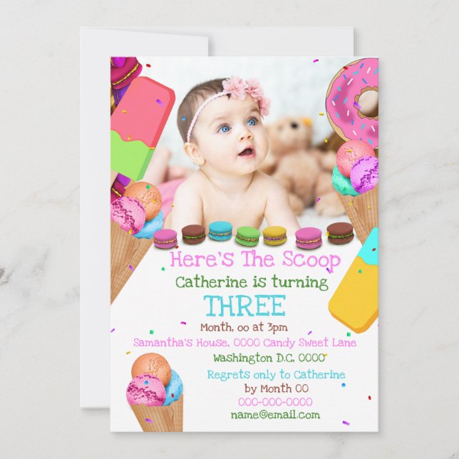 Sweets ice cream photo ANY AGE birthday party Invitation (Front)