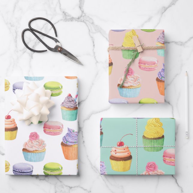 Sweets pattern cupcakes and macaroons wrapping paper sheets (Front)