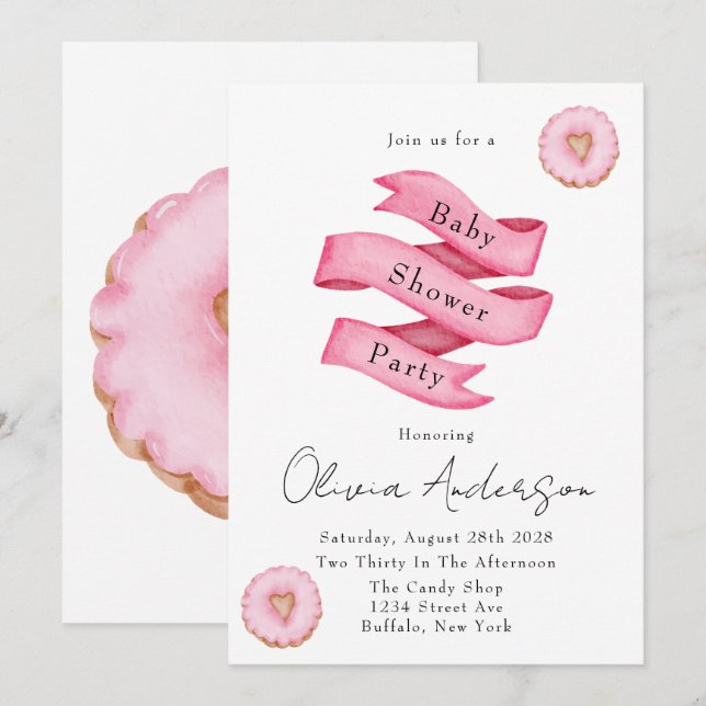 Sweets Pink Banner Donuts Baby Shower Party  Invitation (Front/Back)
