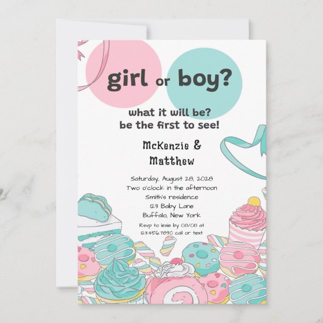 Sweets Pink Teal Gender Reveal Baby Shower Invitation (Front)