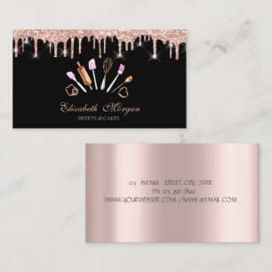 Sweets, Rose Gold Drips Bakery Tools Black Business Card