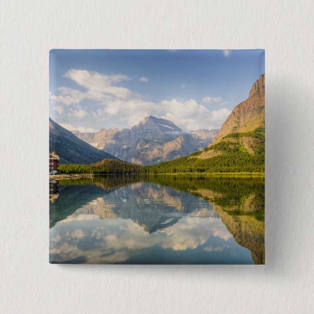 Swiftcurrent Lake with Many Glacier hotel and Pinback Button (Front)