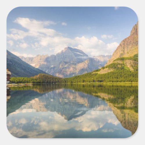 Swiftcurrent Lake with Many Glacier hotel and Square Sticker