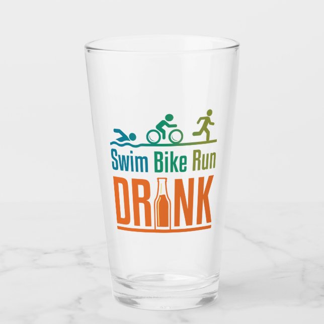 Swim Bike Run Drink Funny Triathlon Drinking Glass (Front)