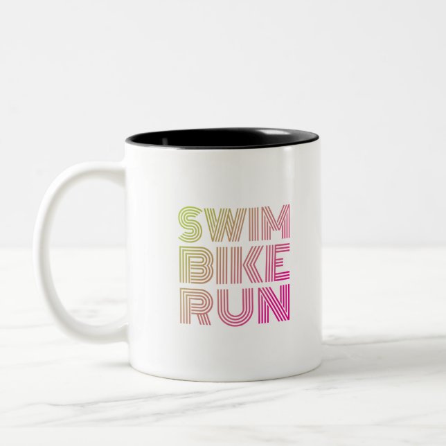 Swim Bike Run, Triathlon Two-Tone Coffee Mug (Left)