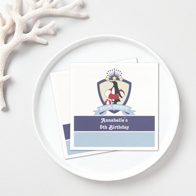 Swim Club Crest Penguin Kids Pool Birthday Party Napkins (Creator Uploaded)