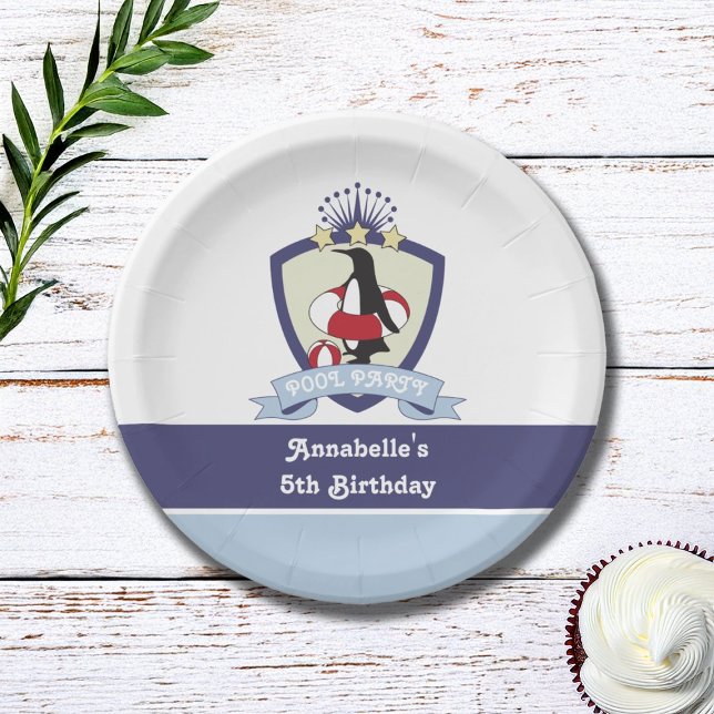 Swim Club Crest Penguin Kids Pool Birthday Party Paper Plates (Creator Uploaded)