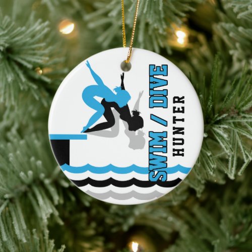 Swim Dive Team _ Baby Blue and Black Ceramic Ornament