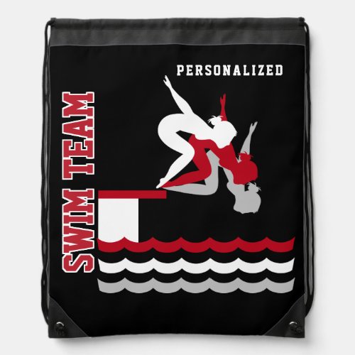 Swim  Dive Team Personalize Team  Dark Red _Girl Drawstring Bag