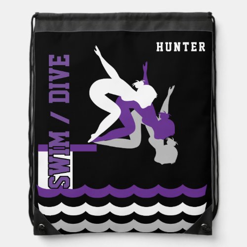 Swim  Dive Team Personalize Team  Purple Drawstring Bag