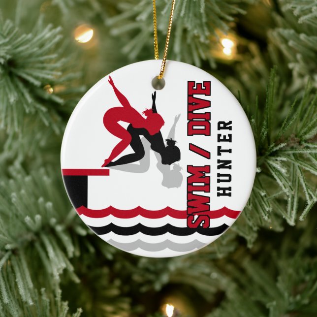 Swim Dive Team - Red and Black Ceramic Ornament (Tree)