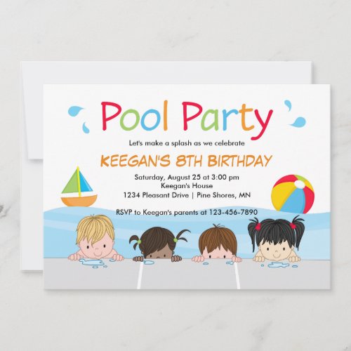 Swim Kids Pool Birthday Invitations  Version Two