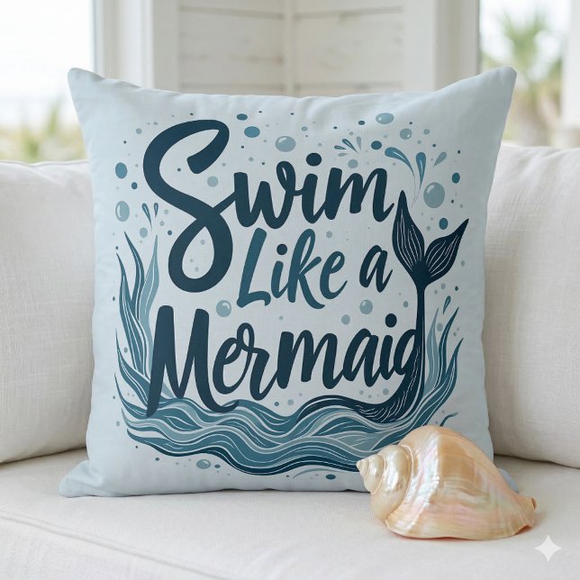 Swim Like a Mermaid Whimsical Ocean Quote Art Throw Pillow (Swim Like a Mermaid Whimsical Ocean Quote Art Throw Pillow On Couch)