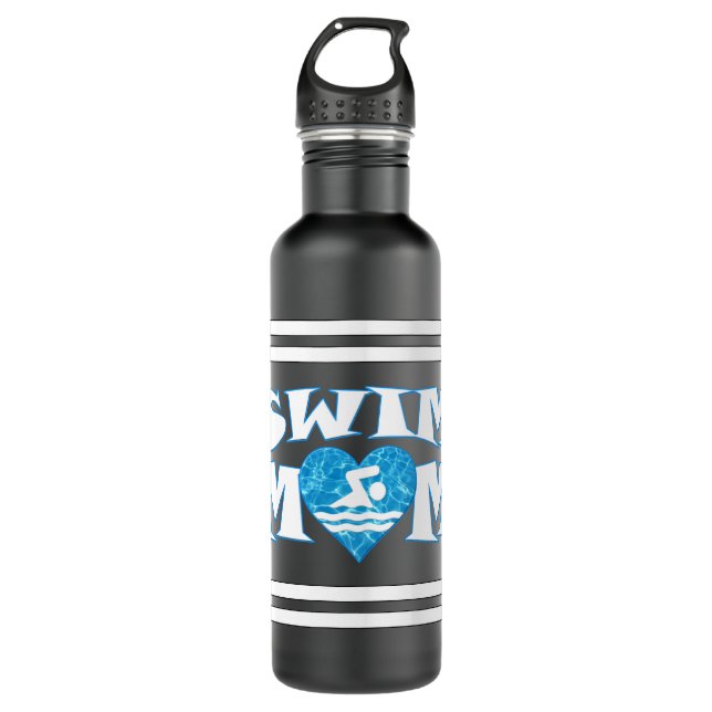 Swim Mom Cute Swimming and Diving with Heart Stainless Steel Water Bottle (Front)