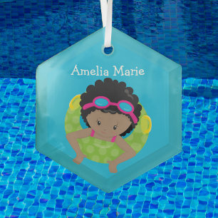 Swim Team African American Girl Cute Personalized Glass Ornament