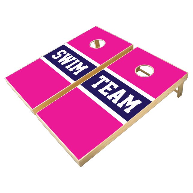 SWIM TEAM Athletic Navy Blue Pink White Stripes Cornhole Set (Angled)