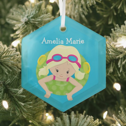 Swim Team Blonde Girl Cute Custom Christmas Glass Ornament