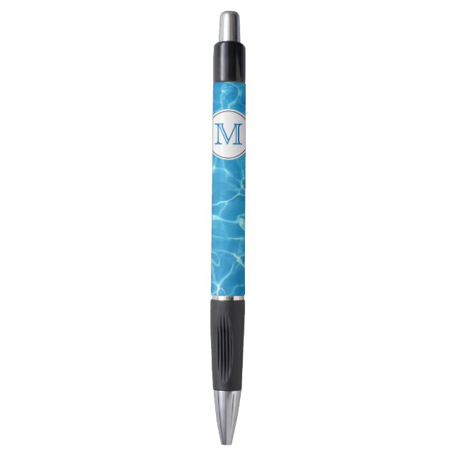 Swim Team Blue Pool Water Initial Monogram Pen (Front Vertical)