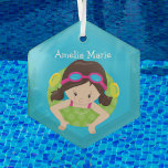 Swim Team Brunette Girl Cute Custom Christmas Glass Ornament<br><div class="desc">Cute brunette girl in an inner tube floating on a pretty blue background of water. Customized with your little girl's name in hot pink. A great gift for a girl on a swim team or who loves the pool in summer. Image by prettygrafik.com</div>