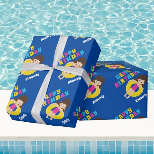 Swim Team Girl Custom Kids Happy Birthday Wrapping Paper