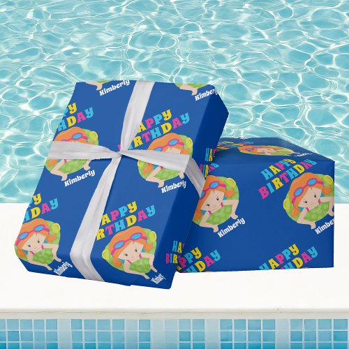 Swim Team Girl Cute Redhead Kids Pool Birthday Wrapping Paper