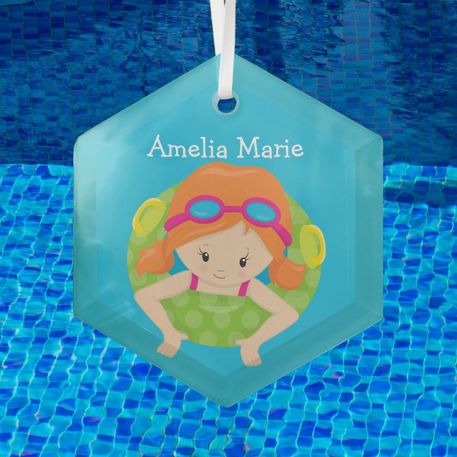 Swim Team Redhead Girl Cute Personalized Swimmer Glass Ornament (Creator Uploaded)