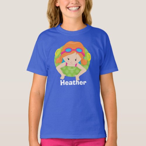 Swim Team Redhead Girl Personalized Swimming Kids T_Shirt